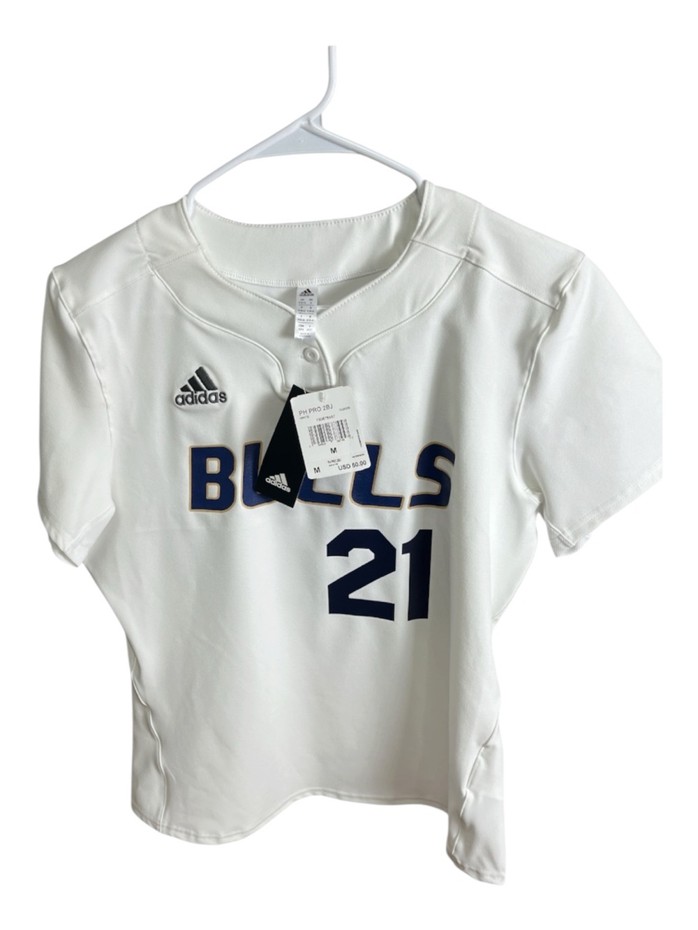 Adidas Bulls #21 Baseball Softball Jersey White Gold Navy Size M NWT
